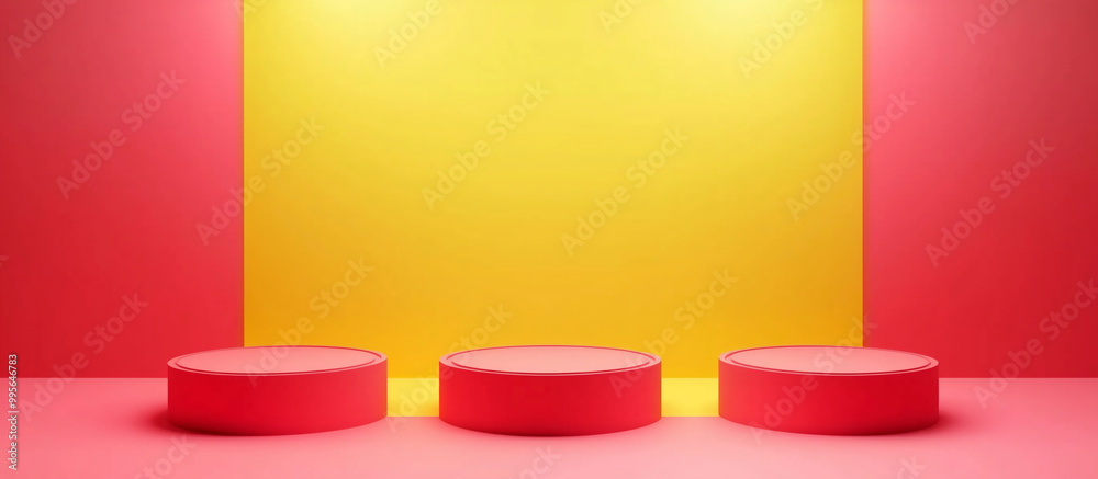 Three podiums on the floor, with a red and yellow background, a minimalistic style. Three podiums on the floor, with a red and yellow background, a minimalistic style.