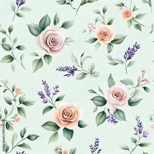 A delicate floral pattern featuring soft pink roses and lavender, set against a light mint background, creating a serene and elegant ambiance.