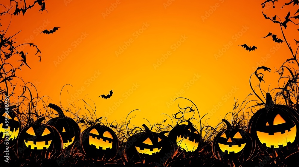 A vibrant orange background featuring simple black silhouettes of pumpkins A vibrant orange background featuring simple black silhouettes of pumpkins