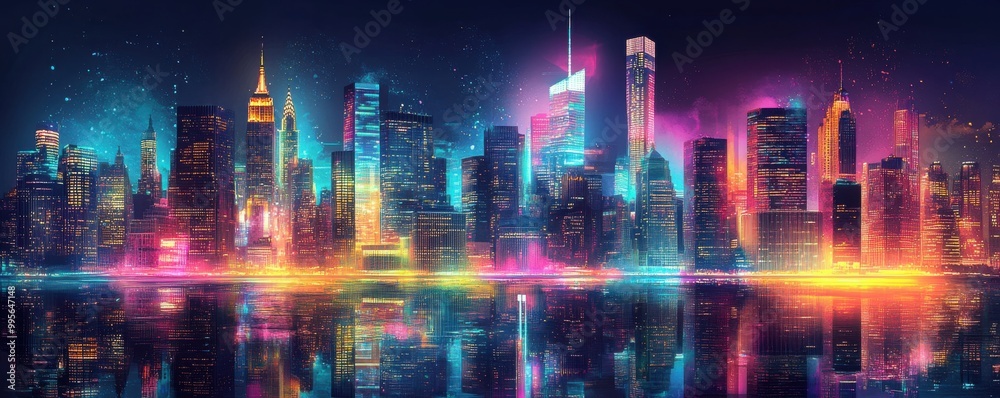 Stylized art of an illuminated city skyline with vibrant colors and reflections on water Stylized art of an illuminated city skyline with vibrant colors and reflections on water