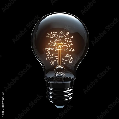 Electric light bulb with glowing mathematical equations inside, ambient lighting representing the brilliance and complexity of scientific thought