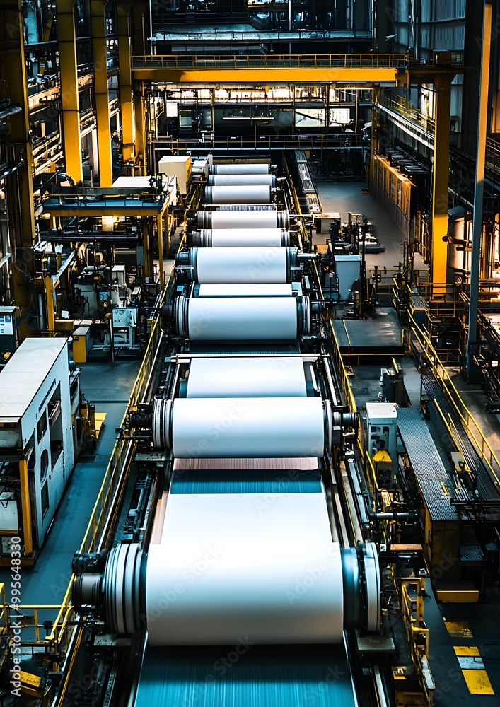A high-tech production line in a paper mill, with multiple large rolls of paper being produced and transferred along conveyor belts, leaving room for text at the top, A high-tech production line in a paper mill, with multiple large rolls of paper being produced and transferred along conveyor belts, leaving room for text at the top,