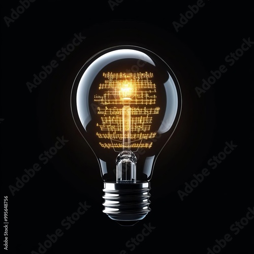 Electric light bulb with glowing mathematical equations inside, ambient lighting representing the brilliance and complexity of scientific thought