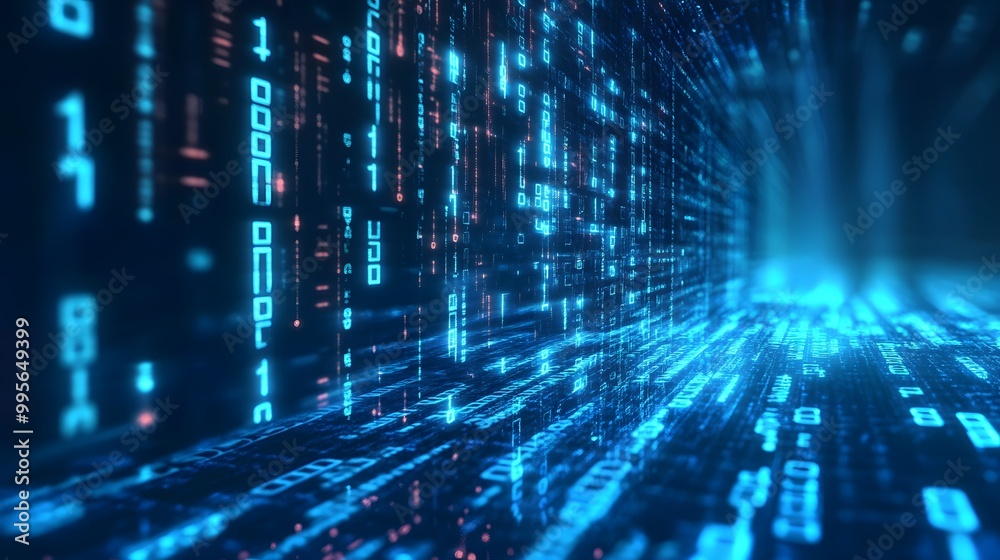 Fototapeta premium Digital background featuring blue glowing binary code, representing data technology and cybersecurity in a black space