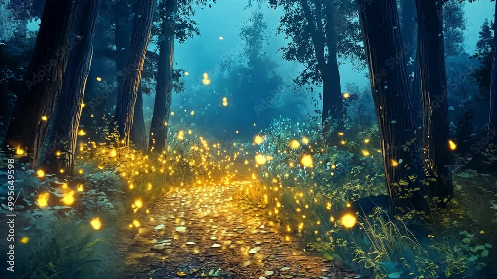 A path winds through a misty forest at night, illuminated by the soft glow of fireflies A path winds through a misty forest at night, illuminated by the soft glow of fireflies