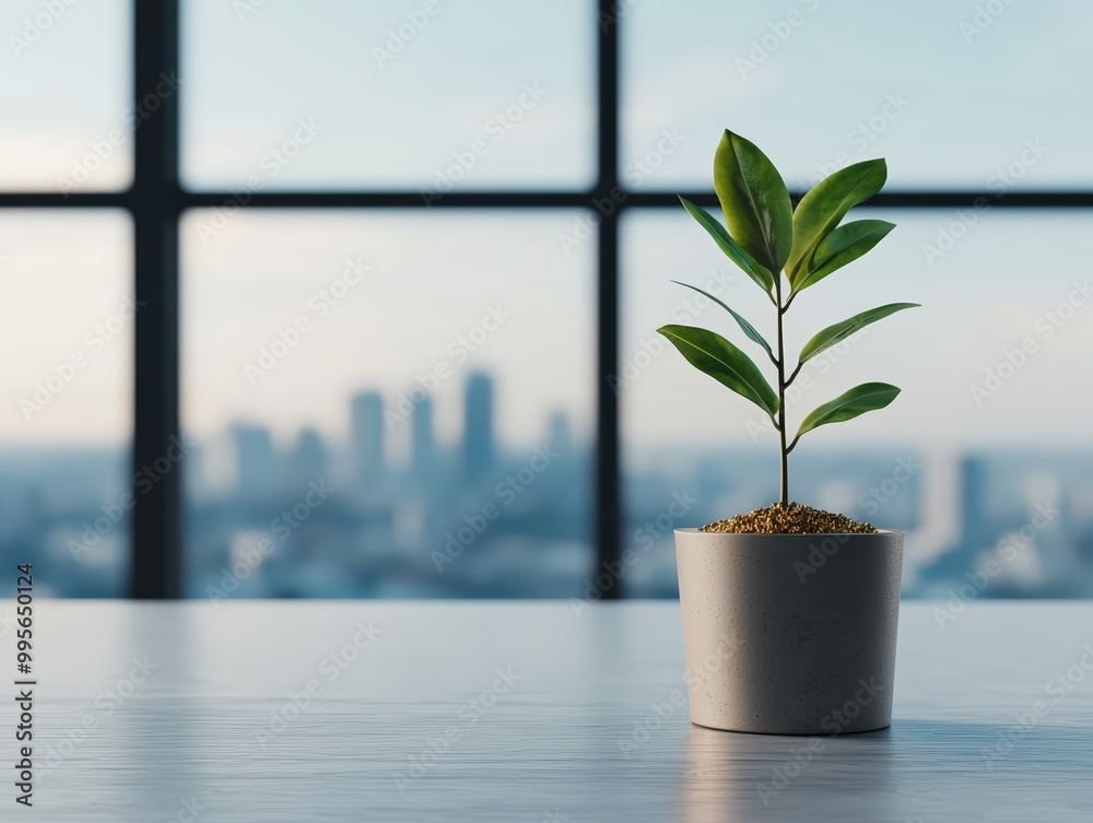 A plant growing from a gold coin in the center of a clean desk, set against a backdrop of large office windows overlooking a calm skyline, peaceful, minimalistic A plant growing from a gold coin in the center of a clean desk, set against a backdrop of large office windows overlooking a calm skyline, peaceful, minimalistic