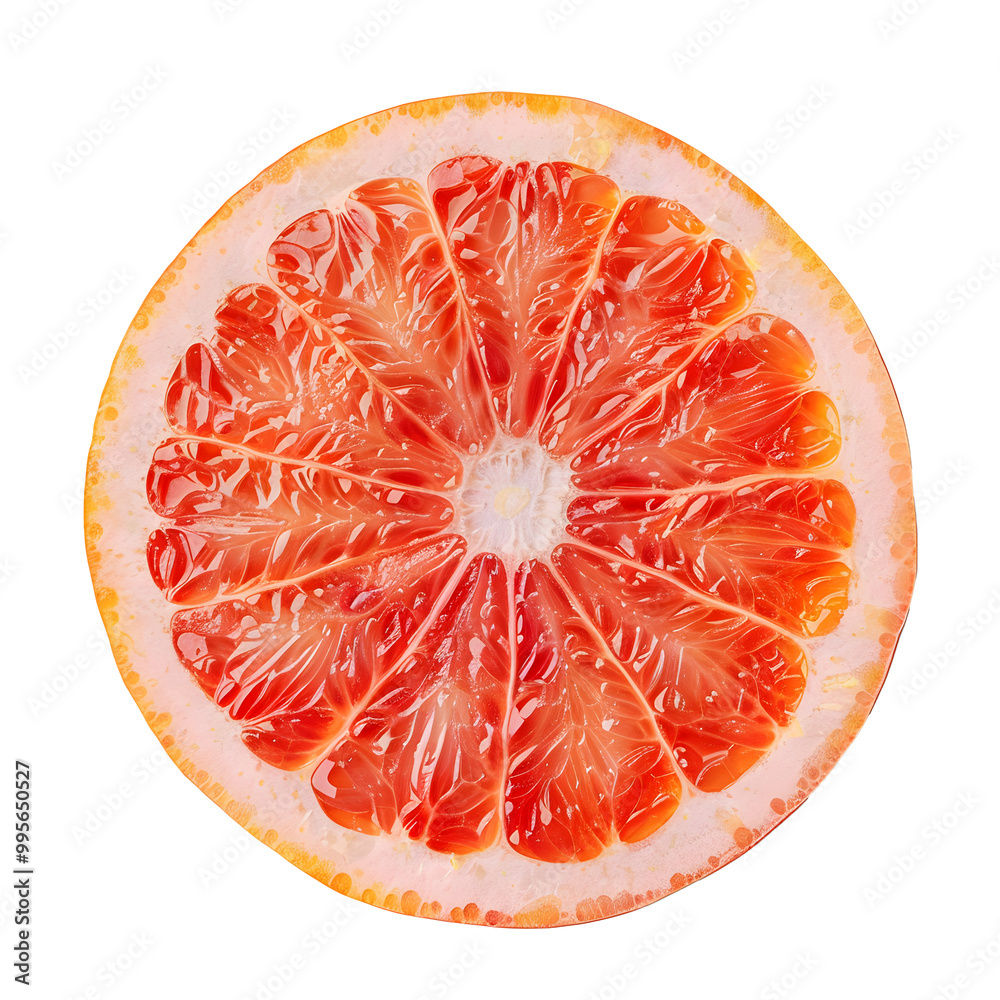 Top view of textured ripe slice of pink grapefruit citrus fruit isolated on transparent transparent
