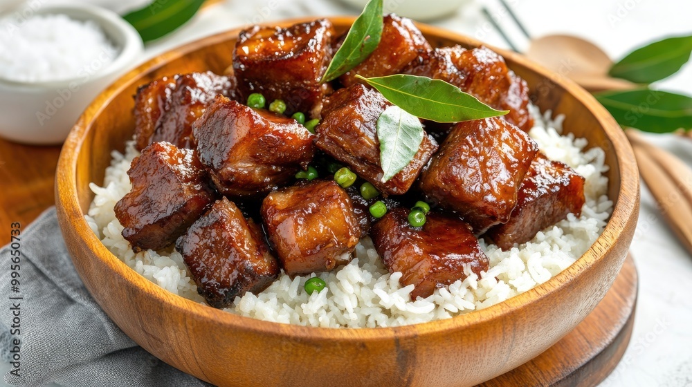 Delicious glazed meat over fluffy rice, garnished with green herbs, presented in a wooden bowl. A tempting dish perfect for any meal. Delicious glazed meat over fluffy rice, garnished with green herbs, presented in a wooden bowl. A tempting dish perfect for any meal.