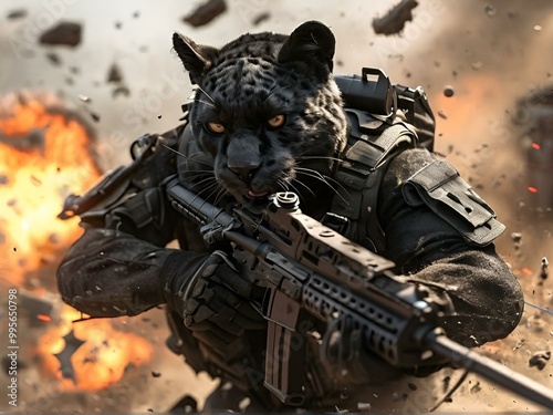A black leopard stands poised with a gun in front of a blazing building, creating a striking and intense scene.