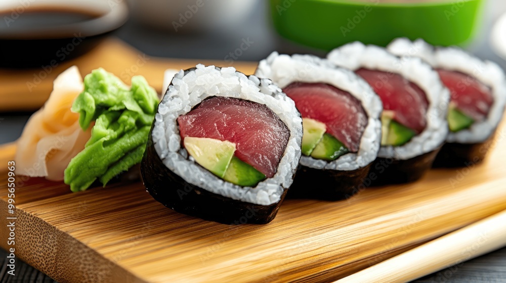Fresh sushi rolls with tuna and avocado served on a wooden platter, accompanied by wasabi and sliced ginger. Fresh sushi rolls with tuna and avocado served on a wooden platter, accompanied by wasabi and sliced ginger.