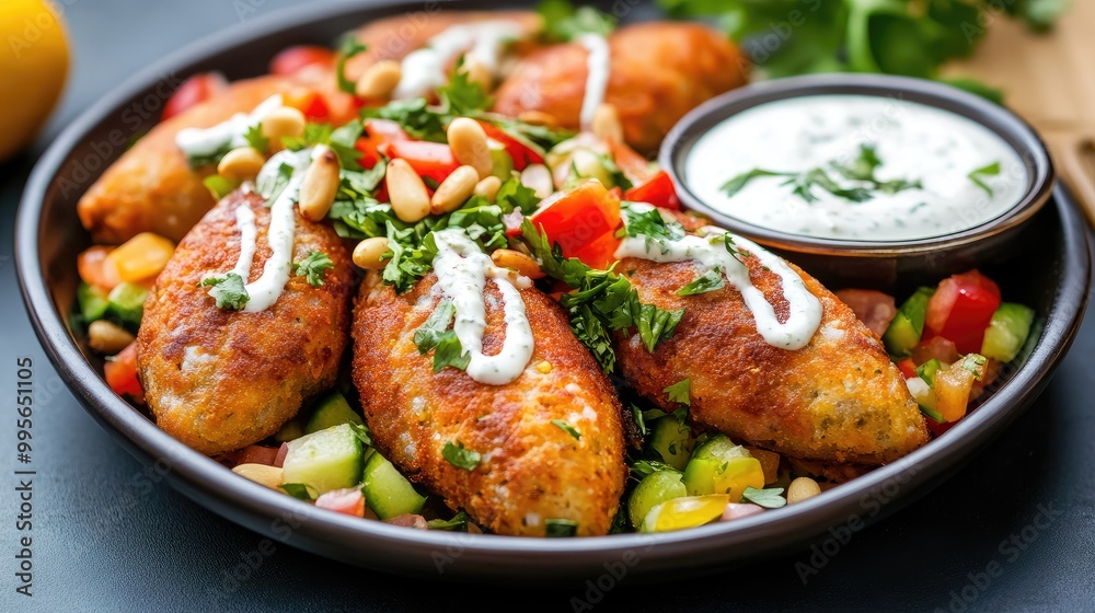 A colorful plate of crispy snacks topped with herbs, accompanied by a yogurt sauce and a fresh vegetable salad.