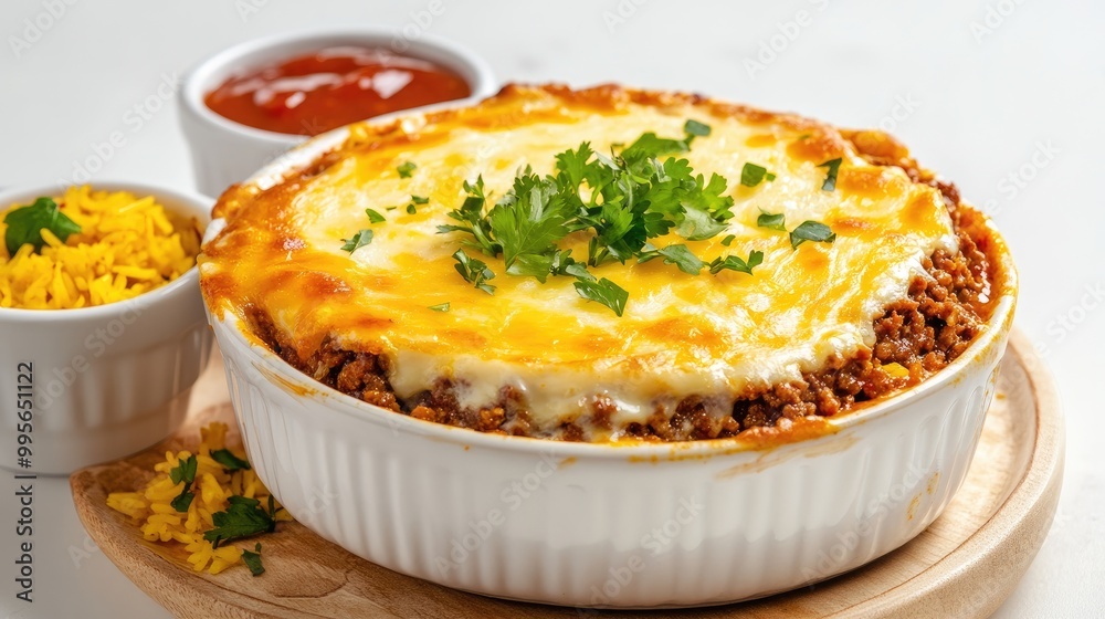 A cheesy casserole topped with cilantro, served with yellow rice and a zesty sauce, perfect for comforting meals. A cheesy casserole topped with cilantro, served with yellow rice and a zesty sauce, perfect for comforting meals.