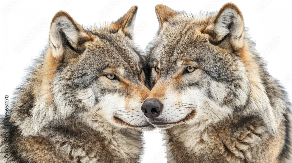 Two Gray Wolves Bring Their Heads Closer in Unity Isolated on White Background Two Gray Wolves Bring Their Heads Closer in Unity Isolated on White Background
