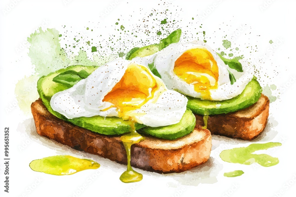 Delicious watercolor illustration of poached eggs on toasted bread with cucumber, showcasing vibrant colors and rich textures. Delicious watercolor illustration of poached eggs on toasted bread with cucumber, showcasing vibrant colors and rich textures.