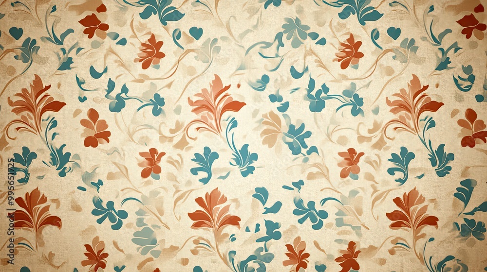 A floral patterned background featuring blue and orange motifs on a textured light beige surface. A floral patterned background featuring blue and orange motifs on a textured light beige surface.