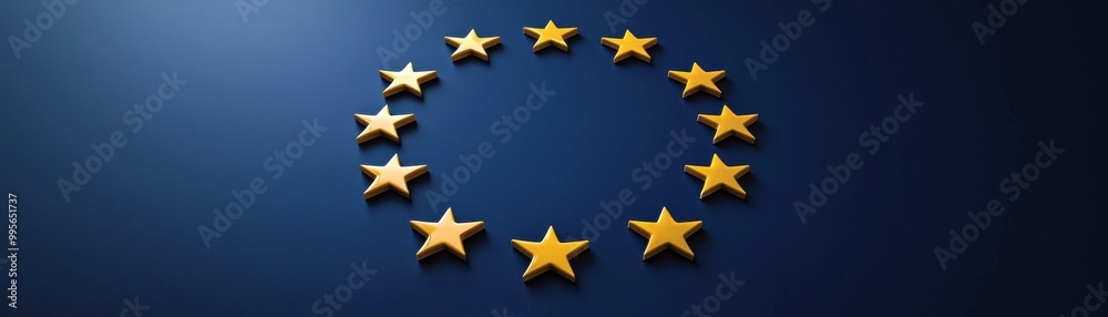 Golden stars in a circle against a deep blue background, representing unity and collaboration in the European Union. Golden stars in a circle against a deep blue background, representing unity and collaboration in the European Union.