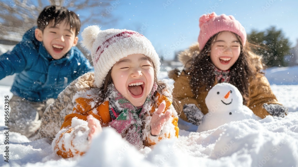 Children play joyfully in the snow, building a snowman and having fun in a winter wonderland. Children play joyfully in the snow, building a snowman and having fun in a winter wonderland.