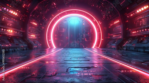 Cyberpunk sci-fi product podium showcase in spaceship base with blue and pink background. Technology and object concept. 3D illustration rendering