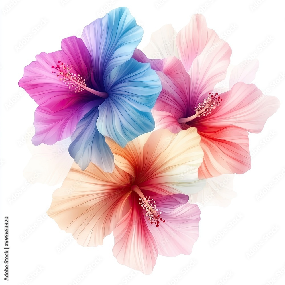 A vibrant cluster of hibiscus flowers in shades of pink, blue, and orange, showcasing delicate petals and intricate details. A vibrant cluster of hibiscus flowers in shades of pink, blue, and orange, showcasing delicate petals and intricate details.