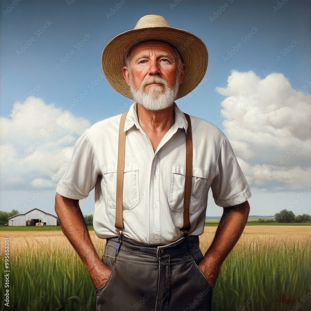 Fototapeta premium A mature farmer stands proudly in a lush field, wearing a straw hat and suspenders, with a farm and bright sky in the background.