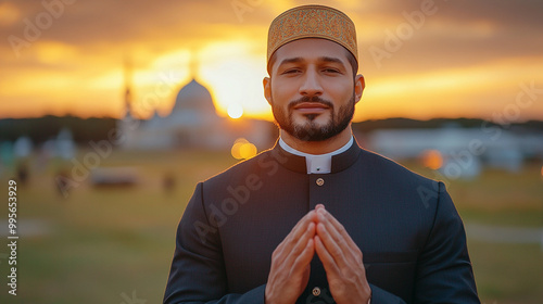 A man in traditional attire with a peaceful demeanor, standing against a beautiful sunset backdrop, showcasing cultural heritage. photo