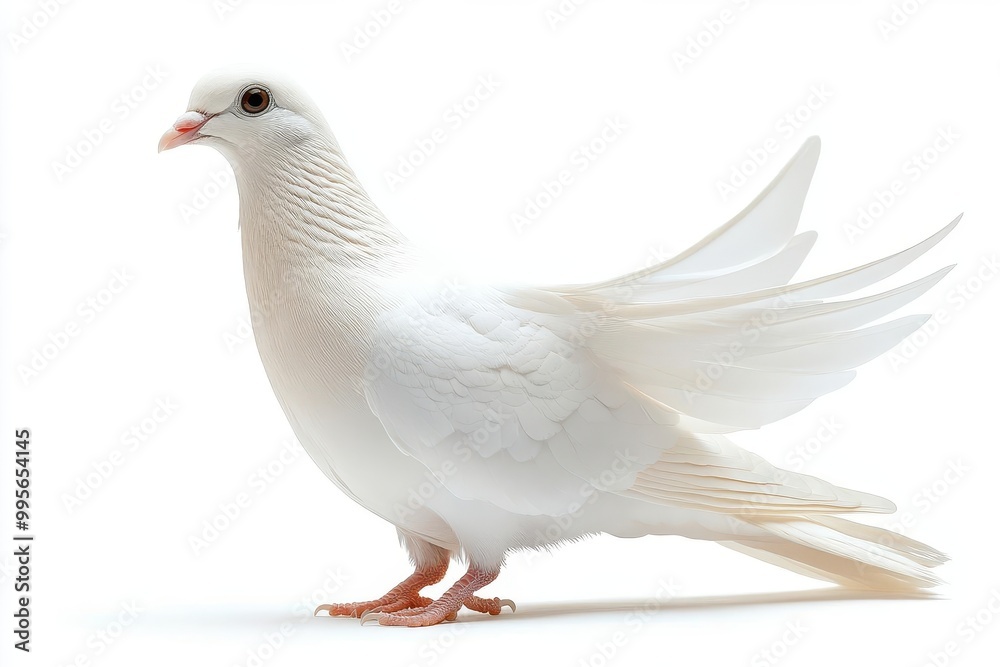 Obraz premium a graceful dove symbolizing peace and hope is isolated on a pure white background its delicate feathers and serene expression create a tranquil and uplifting visual