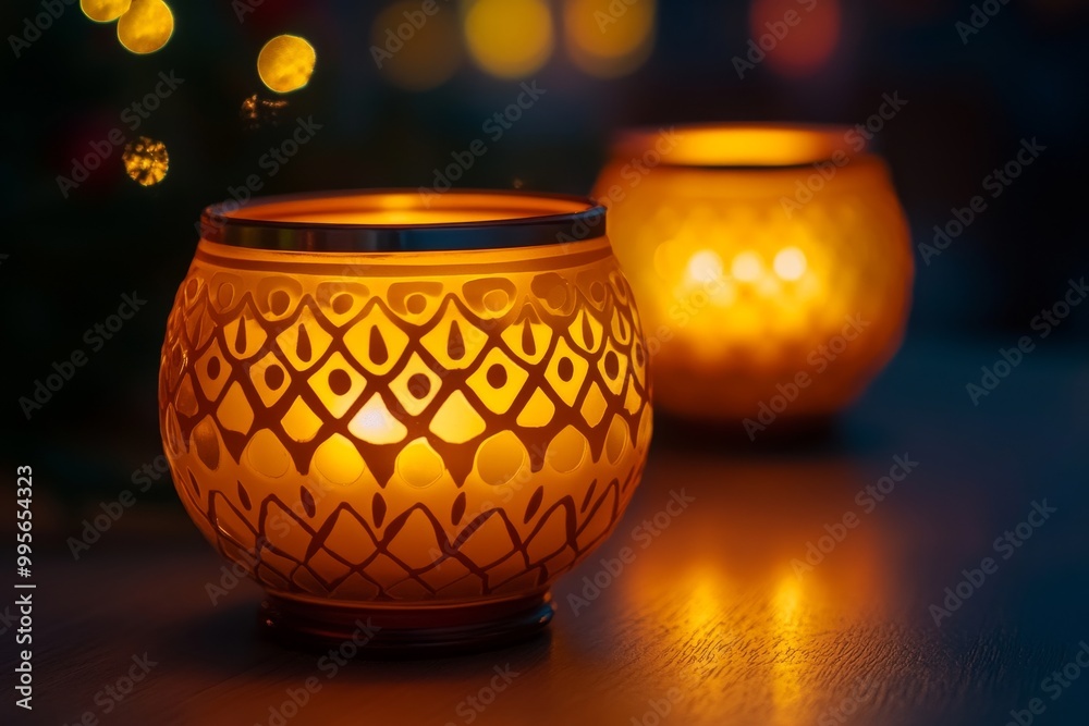 Two glowing candle holders with intricate patterns creating a warm and cozy holiday ambiance on a dark surface with soft bokeh lights in the background Two glowing candle holders with intricate patterns creating a warm and cozy holiday ambiance on a dark surface with soft bokeh lights in the background