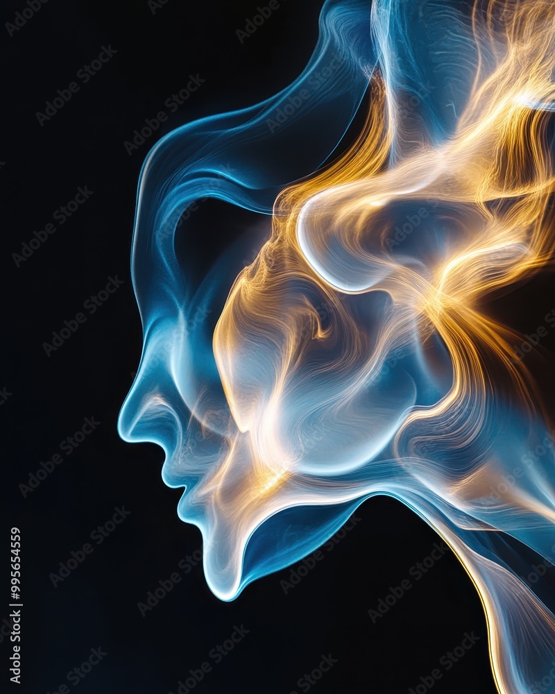 Abstract representation of a face using vibrant blue and orange smoke-like forms. Abstract representation of a face using vibrant blue and orange smoke-like forms.