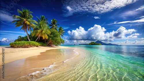 Sandy tropical beach with a distant island in the background, tropical, beach, sand, island, scenic, paradise, palm trees