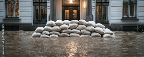 A stack of sandbags prevents floodwaters from entering a building, showcasing a city’s response to severe flooding conditions.