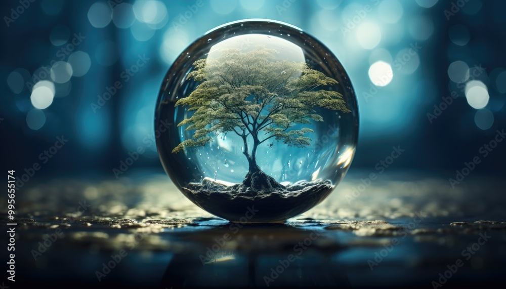 Glass ball with tree inside of it floating in body of water Glass ball with tree inside of it floating in body of water