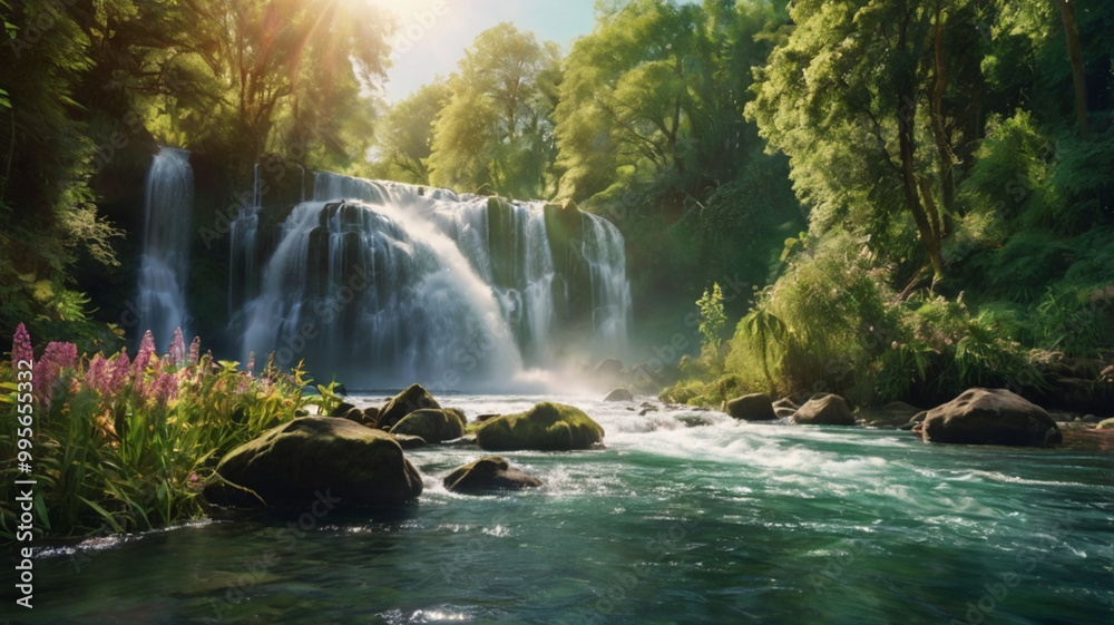 Fototapeta premium A breathtaking fantasy paradise with a serene river of pure and green meadows