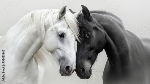 White Horse and Black Horse on Light Background
