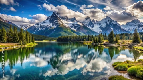 Majestic mountain landscape with snow-capped peaks and serene lakes , mountains, nature, scenery, panoramic, view