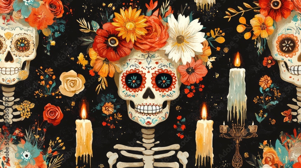 Vibrant Day of the Dead design featuring decorated skeletons, colorful flowers, and candles against a dark background, celebrating life and remembrance. Vibrant Day of the Dead design featuring decorated skeletons, colorful flowers, and candles against a dark background, celebrating life and remembrance.
