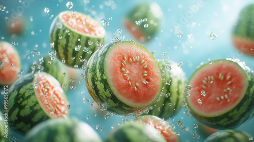 Watermelons falling in motion on blue background. Close-up of many watermelons falling in motion. AI generative
 photo