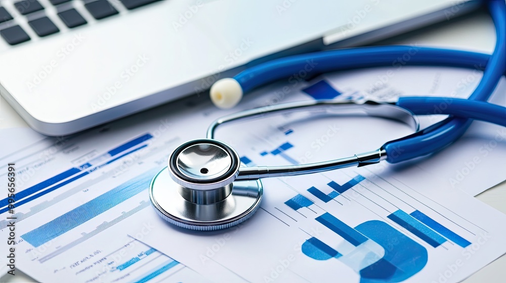 A stethoscope rests on medical graphs beside a laptop, symbolizing the blend of healthcare and technology in modern medical practices. A stethoscope rests on medical graphs beside a laptop, symbolizing the blend of healthcare and technology in modern medical practices.