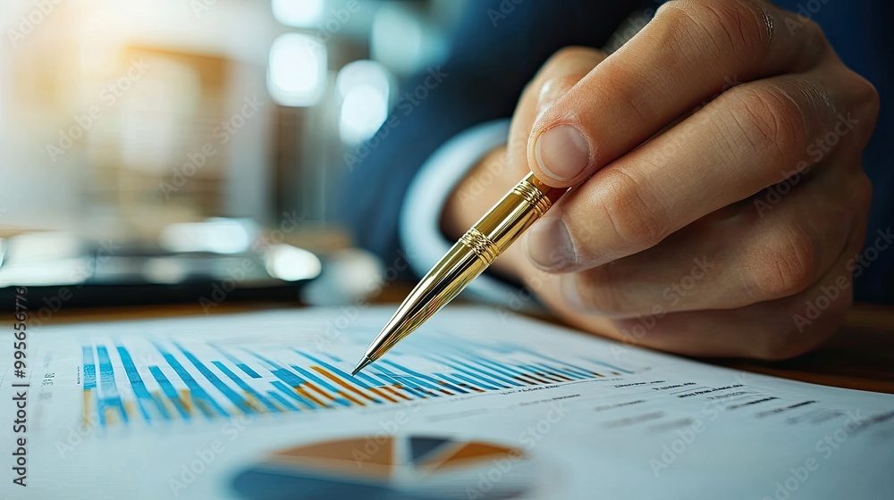 A close-up of a hand holding a pen, analyzing colorful graphs and charts on paper, representing data analysis and business statistics.