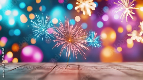 A vibrant display of fireworks illuminates a colorful bokeh background, creating a festive atmosphere perfect for celebrations.