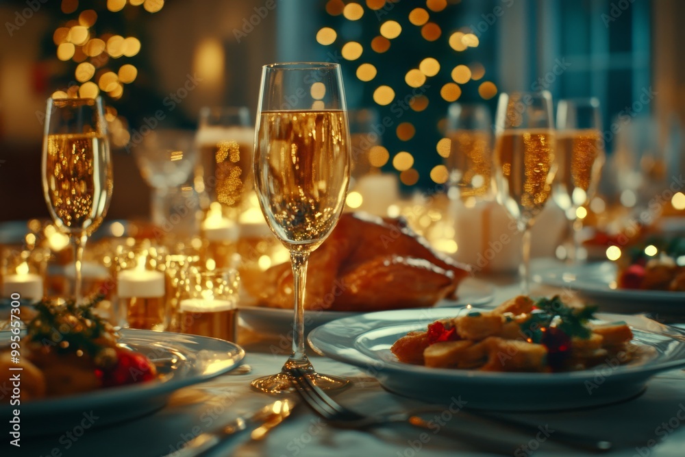 A luxurious holiday dinner table set with gold rimmed glasses golden cutlery and festive decor creating an elegant and warm holiday scene A luxurious holiday dinner table set with gold rimmed glasses golden cutlery and festive decor creating an elegant and warm holiday scene