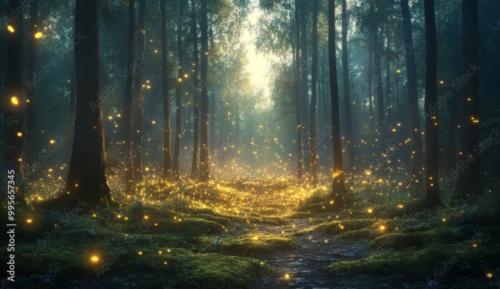 Naklejka premium A mystical forest path lit by fireflies glowing in the dusk. .