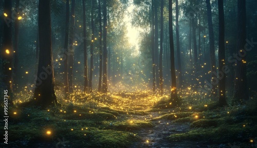 A mystical forest path lit by fireflies glowing in the dusk. .