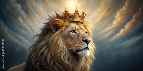 Christian concept art of a lion wearing a crown, lion, crown, Christian, concept art, religion, faith, animal, majestic photo