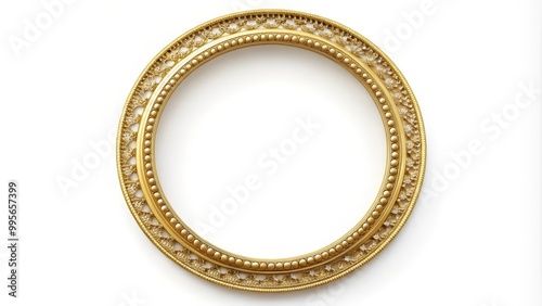 Golden oval frame with blank space is shining on white background, ready for your picture or text