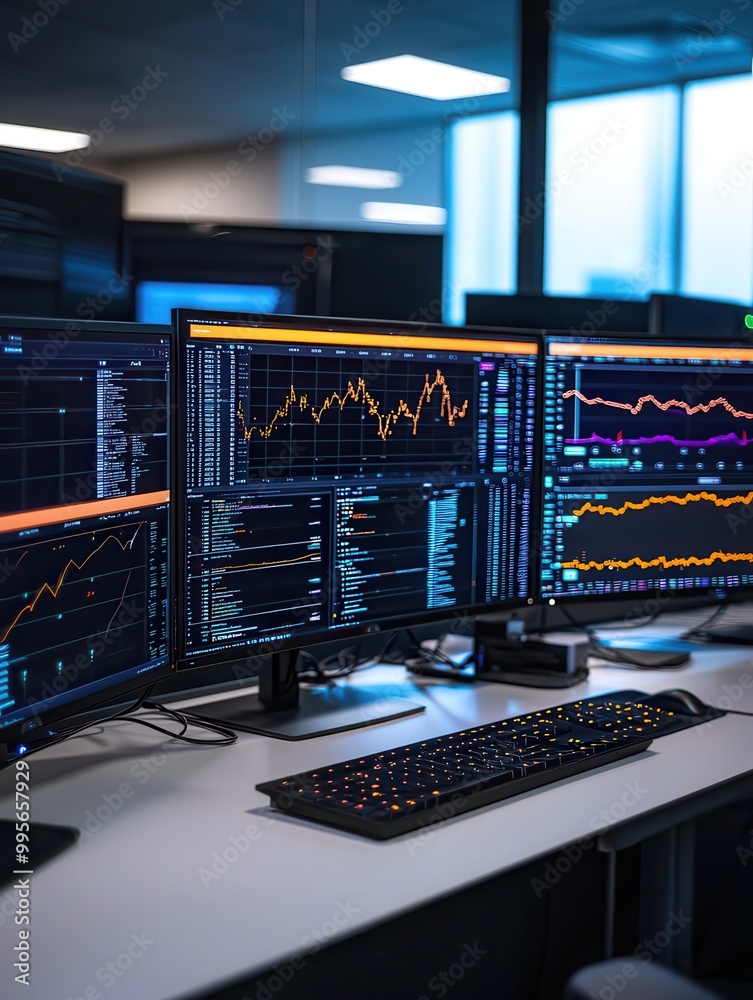 A modern trading setup featuring multiple screens displaying complex financial charts and data, illuminated by vibrant colors in a sleek office environment.