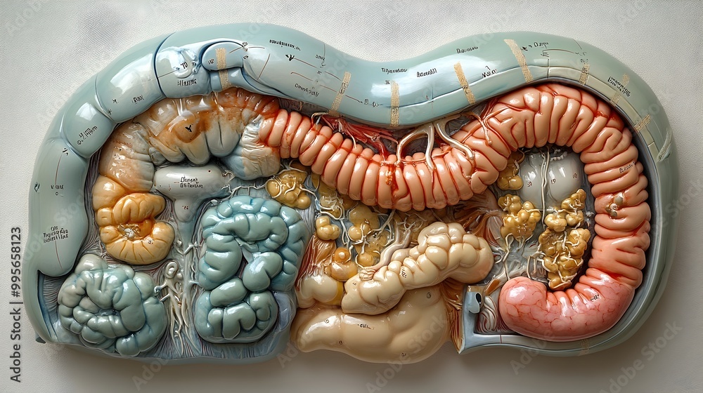 Detailed Cutaway of Human Abdomen Showcasing Nutrient Absorption Areas