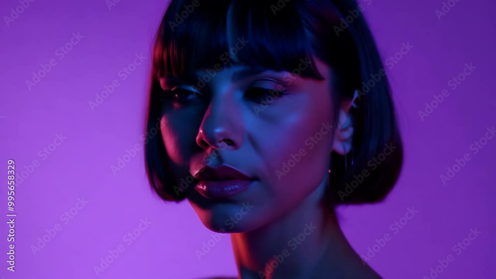 Portrait of woman in neon lighting with vibrant colors and intense expressions Portrait of woman in neon lighting with vibrant colors and intense expressions