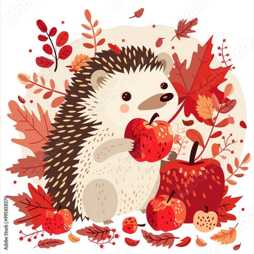 Cute animals in fall, hedgehog with apples, flat design illustration photo