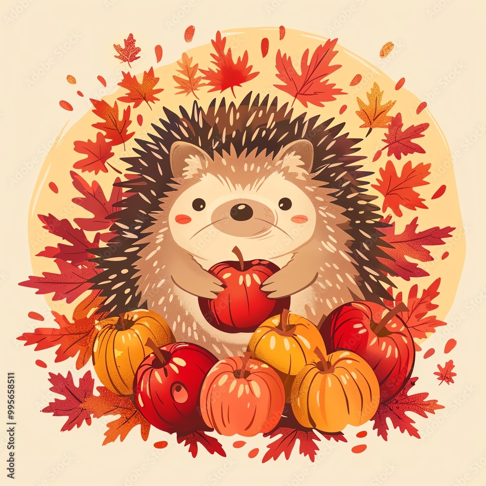 Cute animals in fall, hedgehog with apples, flat design illustration