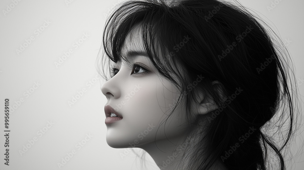 A profile view of a young Korean woman with elegant features, captured in soft monochrome against a minimalist background A profile view of a young Korean woman with elegant features, captured in soft monochrome against a minimalist background